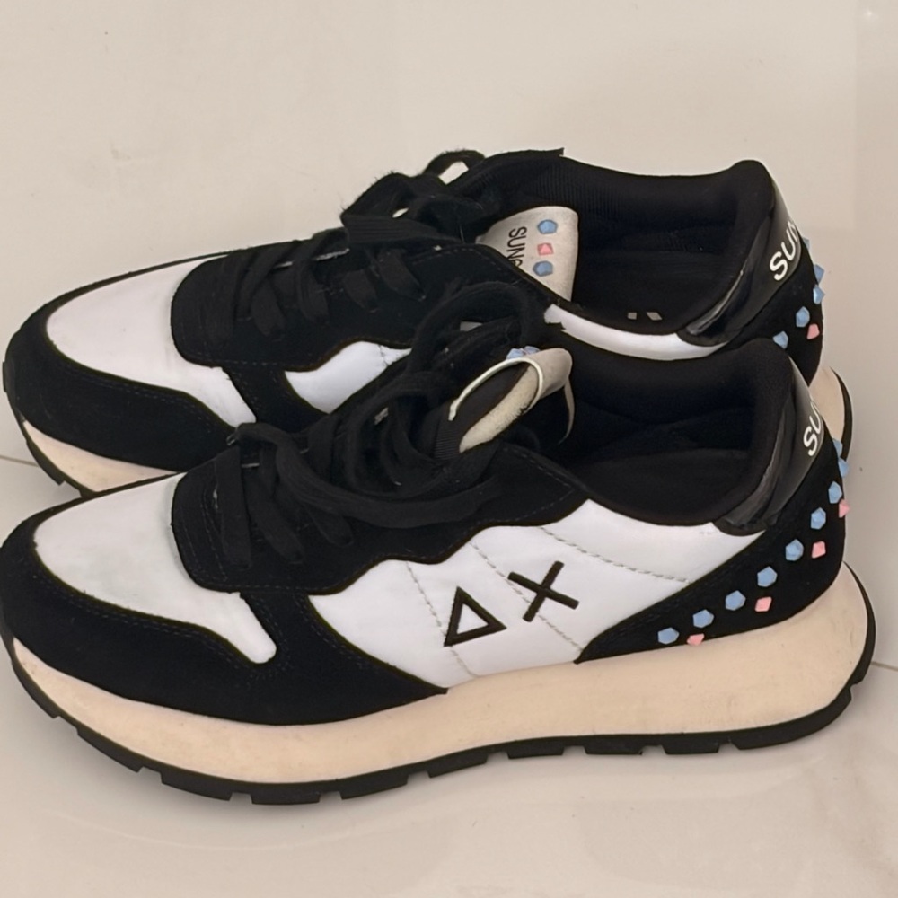 Sun 68 Black and White Sneakers with Blue and Pink Heel Accents